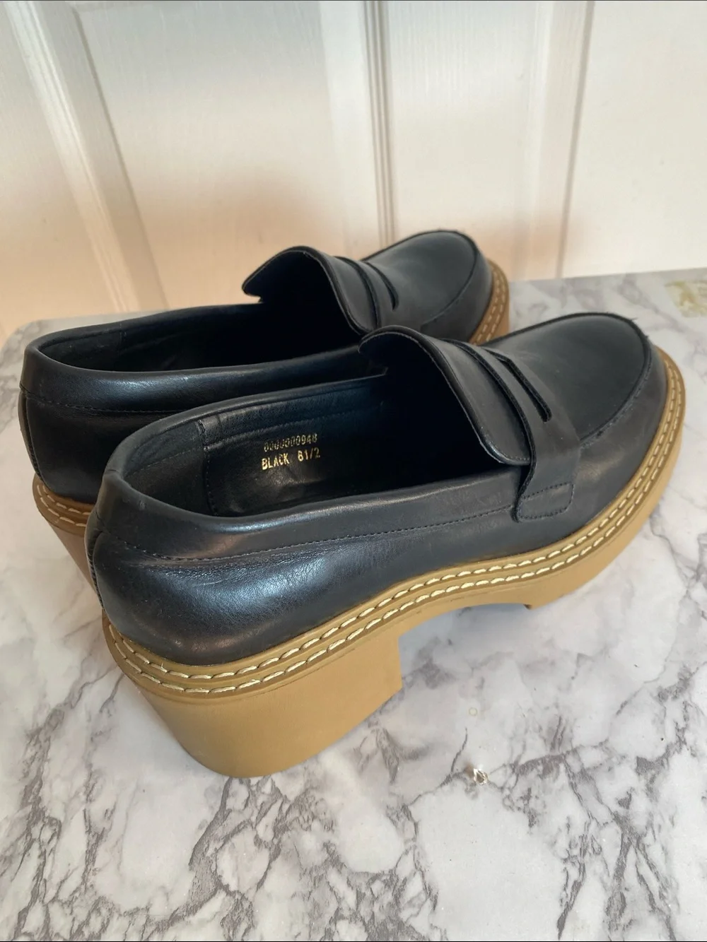 ShuShop Black Leather Platform Penny Loafers with Tan Sole Size 8.5 Chunky Block